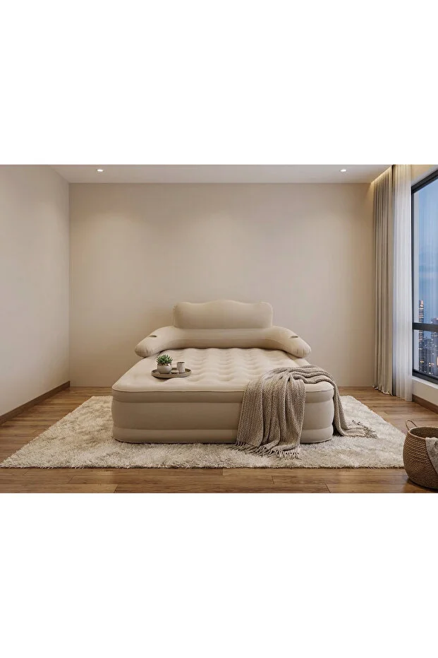 Çift Kişilik Otomatik Şişme Yatak Çıkarılabilir Başlıklı Kamp ve Misafir Yatağı 203x152x40cm